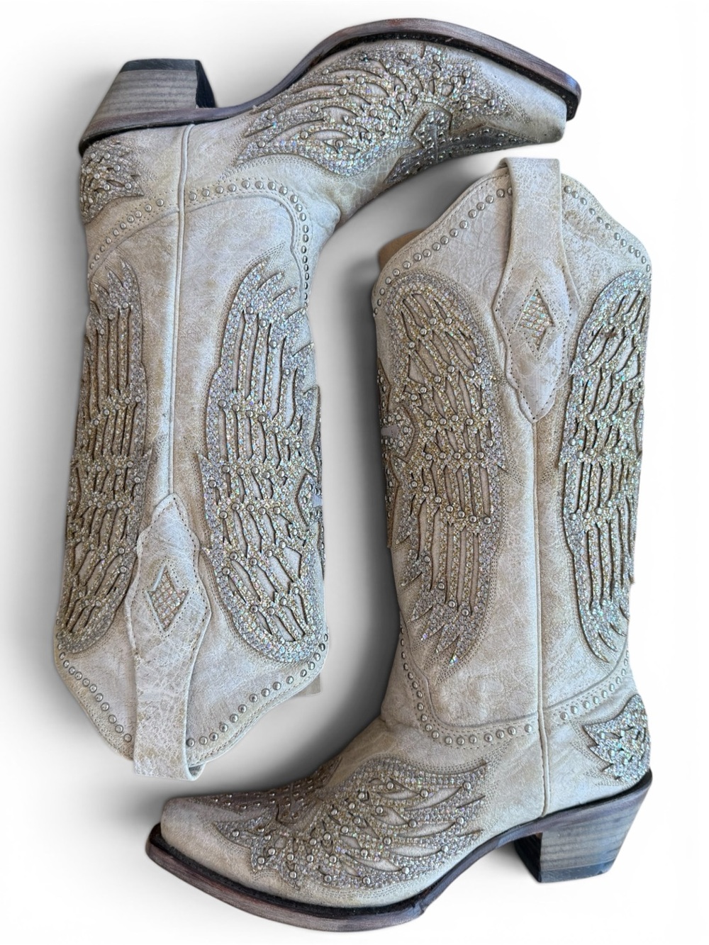 Coral Handcrafted Leather Boots White Cross with Wings Glitter & Studs Boots